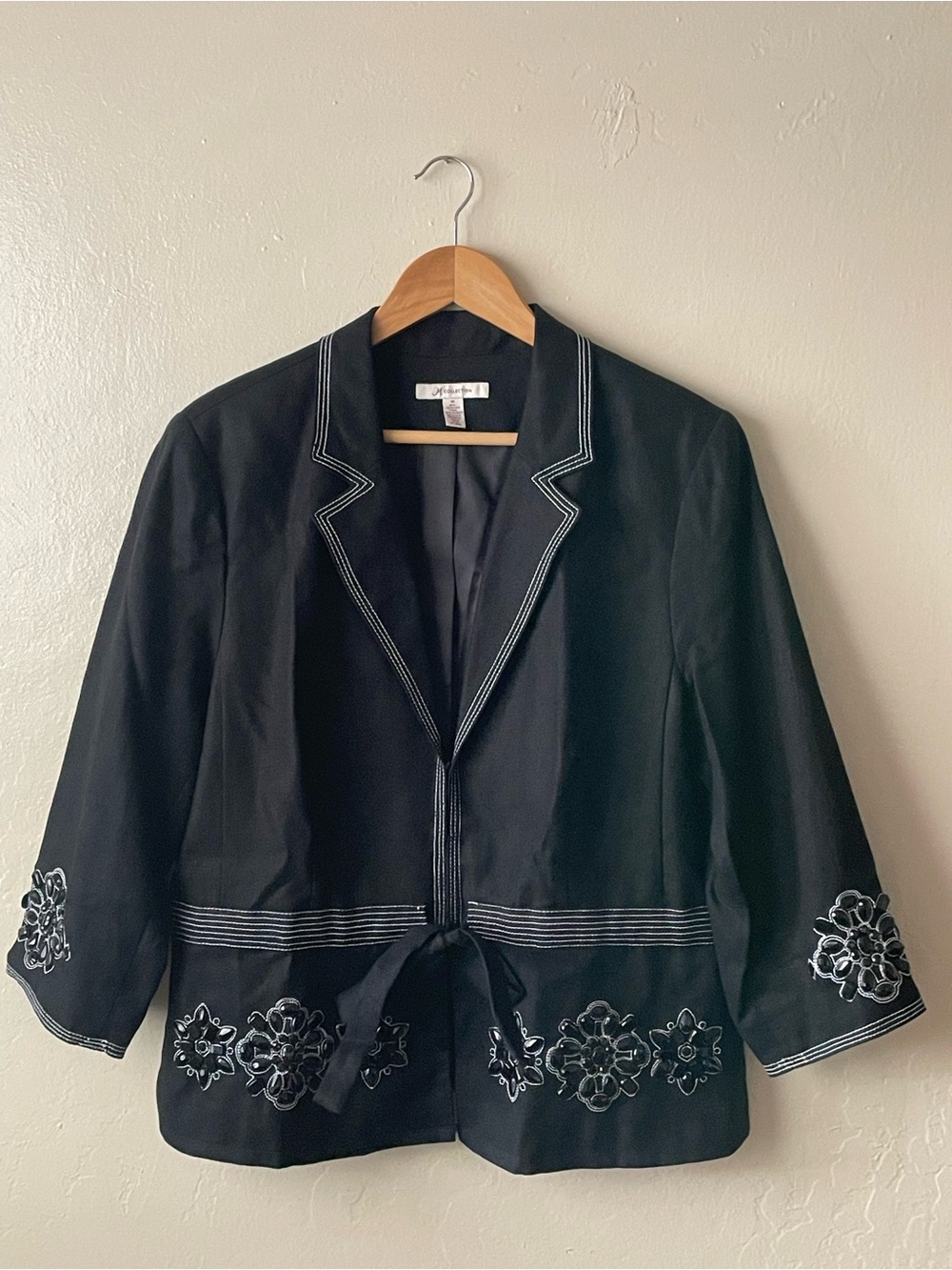 JM Collection black Linen Embellished Beaded 3/4 sleeves tie front Blazer Jacket